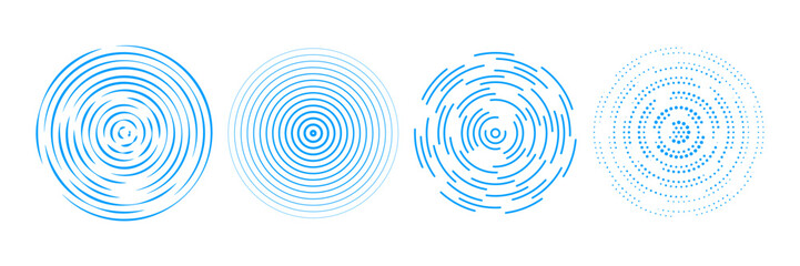 Blue radial concentric circle set. Sound wave signal collection. Halftone, dashed and dotted rings for epicenter, target, radar, earthquake, tsunami symbol. Vector ripple expansive vibration elements