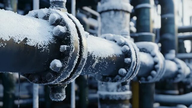 Frozen pipes in industrial setting during winter, highlighting frost and snow accumulation on complex machinery