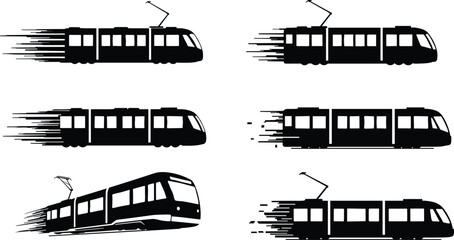 Fast tram silhouette, modern electric train, urban metro vector, high speed streetcar illustration, passenger railway transport, city light rail design © Sakib World