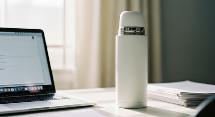 Fototapeta premium White reusable water bottle on a modern office desk with a laptop