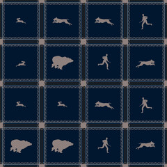 Vector repeating pattern of animal silhouettes (dogs, bears, rabbits) and human figures, separated by a grid with intersecting lines, on a dark blue background.