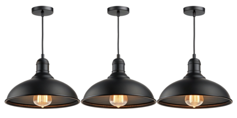 Modern Industrial Pendant Lights with Black Metal Shades and Vintage Bulbs Isolated on Transparent Background
Minimalist Dome Pendant Lamps with Warm Filament Lighting, Contemporary Interior Design Ac
