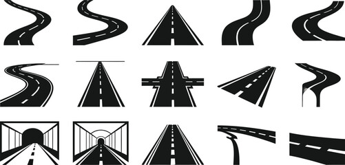 Dynamic road collection showing curves, straight paths, tunnels, and intersections for journey concepts © muhammad