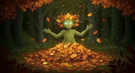 Mystical Autumn Spirit with Glowing Eyes in a Pile of Golden Leaves within an Enchanted Forest