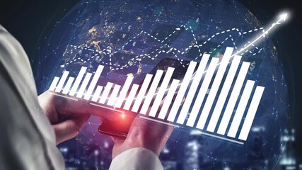 A business professional analyzes smartphone data against a backdrop of global analytics and finance graphs, showcasing growth and technological innovation insights. Copula - Powered by Adobe