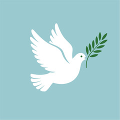 Obraz premium A white dove carrying a green olive branch, symbolizing peace and hope against a blue background.
