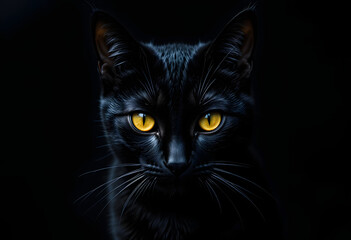 The face of a mysterious black cat with bright yellow eyes in shadow. Generative AI
