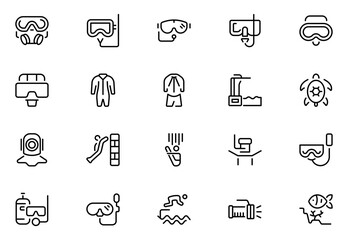 Diving line icon set. Related to dive, pool, swimwear, swimmer and more. Set of line pictogram. Swimming simple icon set. Thin outline icons pack. Vector illustration