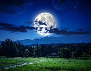 Full Moon Over Lush Green Valley.