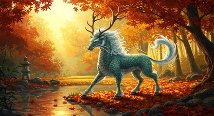 Mystical Deer-Dragon in Golden Autumn Forest by Reflective Stream: Enchanting Mythological Creature in Vibrant Fall Landscape