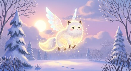 Cute Winged Winter Creature Flying in Magical Sunset Snow Landscape