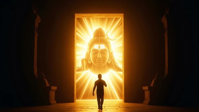 Silhouette of man walking towards glowing doorway with radiant depiction of Lord Shiva face inside temple interior. Spiritual journey and meditation concept. 
