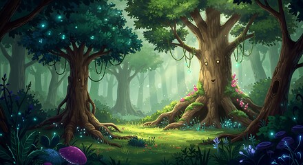 Whimsical Enchanted Forest Clearing: Glowing Trees, Roots, and Mystical Foliage