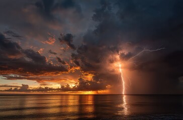 The sun sinks into the calm ocean, painting the sky in glowing hues of orange, pink, and purple with clouds reflecting the evening light.