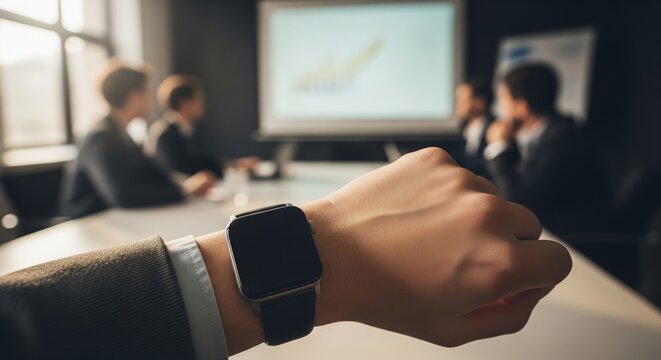 Businessman checking smartwatch during a meeting in conference room