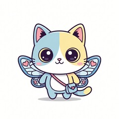 Obraz premium Cute cartoon cat with blue and yellow fur big eyes and delicate butterfly wings carrying a pink heart bag Isolated