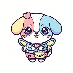 Obraz premium A cute kawaii cartoon puppy character with pastel colors hearts wings and a small purse on a white background