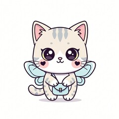 Obraz premium Cute cartoon kitten with big eyes striped fur delicate fairy wings and a small blue purse