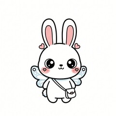 Adorable white cartoon bunny with pink ears large eyes heart cheeks light blue butterfly wings and a tiny purse