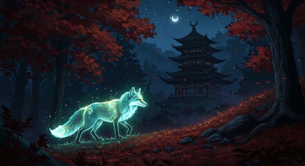 Ethereal Glowing Fox in Enchanted Forest with Pagoda & Crescent Moon