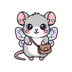 Adorable cartoon gray mouse character features pastel fairy wings and a small brown heart adorned shoulder bag