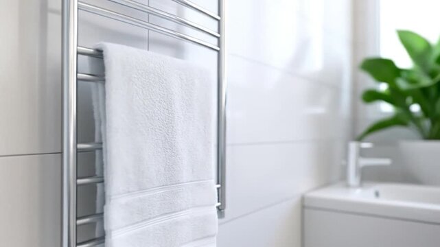 Towel on chrome rack in bright bathroom interior