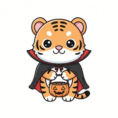 Adorable cartoon tiger cub wearing a black and red vampire cape holding a jack o' lantern bucket with candies