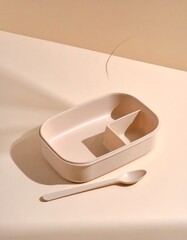 Beige divided lunchbox with spoon on a light beige background