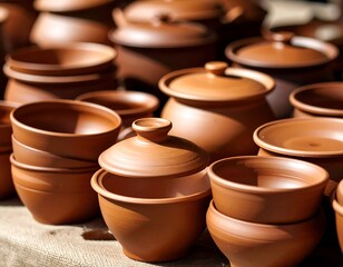 Close-up view of various terracotta pottery.  A market stall with many different sized bowls, pots, and lids