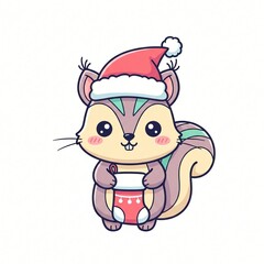 Cute cartoon squirrel wearing a festive Santa hat and holding a red Christmas stocking isolated on a white background