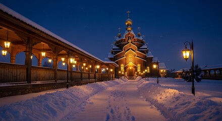 Illuminated Wooden Church in Winter Wonderland at Night.