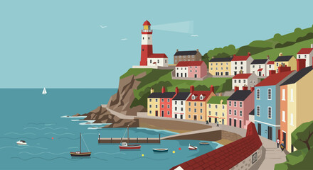 A charming flat design illustration of an English coastal town, showcasing a lighthouse on a cliff, colorful terraced houses, and a peaceful harbor with boats.  © tika