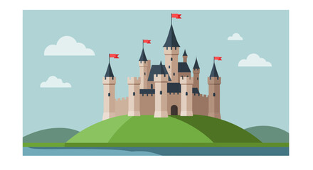 A minimalist flat design illustration of an ancient English castle, featuring simplified turrets and battlements on a hill with a surrounding moat.  © tika