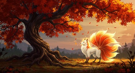 Mythical Nine-Tailed Fox Under Autumn Tree with Falling Leaves at Sunset