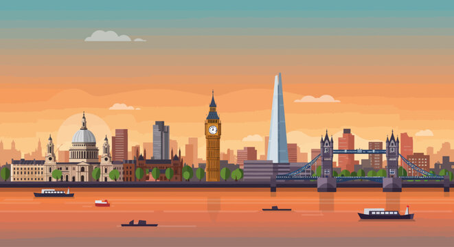 A modern flat design illustration showcasing the iconic London skyline at sunset, featuring prominent landmarks along the River Thames. 