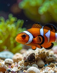 Close-up of an orange and white clownfish in an aquarium