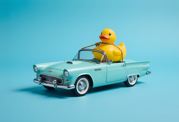 A vintage blue toy car with a yellow rubber duck on top. Generative AI

