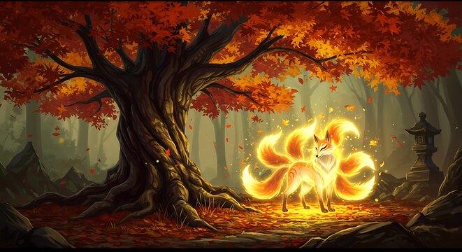 Glowing Nine-Tailed Fox in a Magical Autumn Forest with Fiery Leaves and Ancient Tree