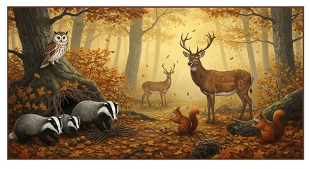 Vibrant autumn forest wildlife scene with deer, badgers, owl, and squirrels amidst golden leaves and trees, tranquil woodland