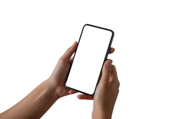 Person holding a smartphone isolated on transparent background