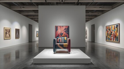Abstract geometric chair displayed in modern gallery, vibrant colors, bold lines, and minimalist pedestal, captured in sharp, elegant photography.