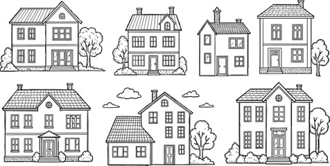 Charming collection of hand-drawn houses and trees, perfect for architectural or real estate projects