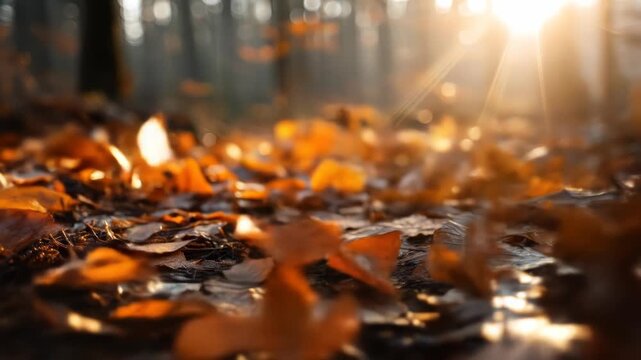 A ground-level view depicts fallen leaves, bathed in warm sunlight filtering through a forest. The sun creates soft bokeh