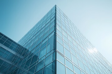 Fototapeta premium Modern glass skyscraper architecture blue tones sunlight reflecting sharp lines geometric design urban building