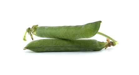 Two vibrant green pea pods isolated on a white background, capturing freshness.
