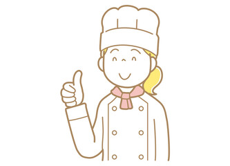 サムズアップするコックコートにコック帽の女性のイラスト