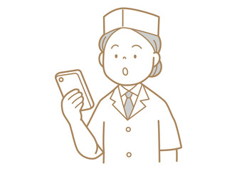スマートフォンの画面を見る和食・割烹料理人の女性のイラスト