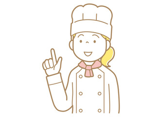 指差すコックコートにコック帽の女性のイラスト