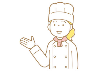 手で示すコックコートにコック帽の女性のイラスト