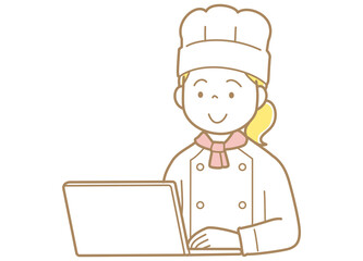 パソコンの画面を見るコックコートにコック帽の女性のイラスト